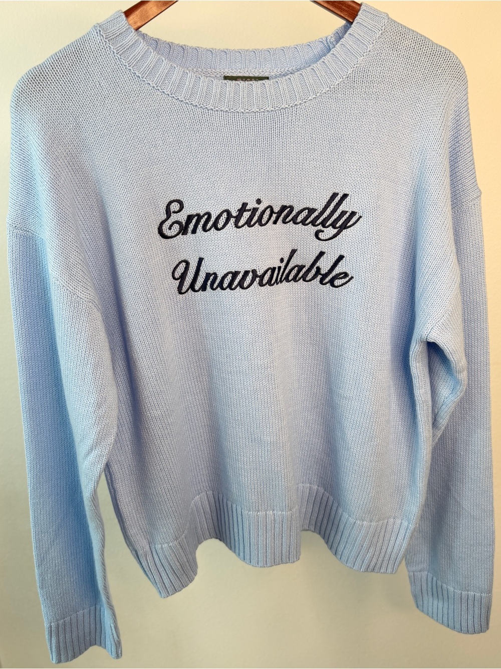 Coquette Casual‎ Emotionally Unavailable Embroidered Knit Sweater Pastel Blue LG